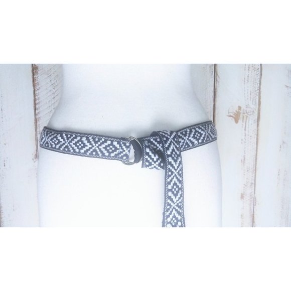 90s blue white tribal print woven cloth belt - Picture 2 of 5